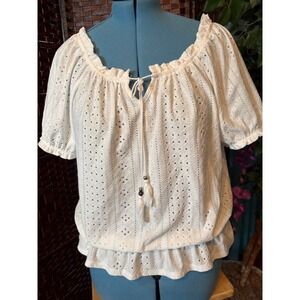By & By Womens XXL White Eyelet Boho Blouse Tassel Tie Short Sleeve Peplum Top